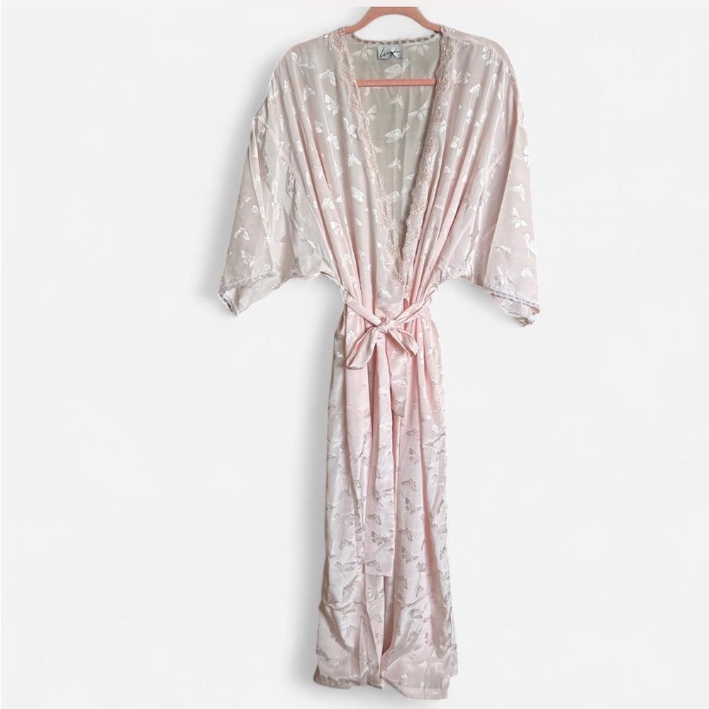 Pale Pink Long Kimono Robe with Subtle Butterfly Print